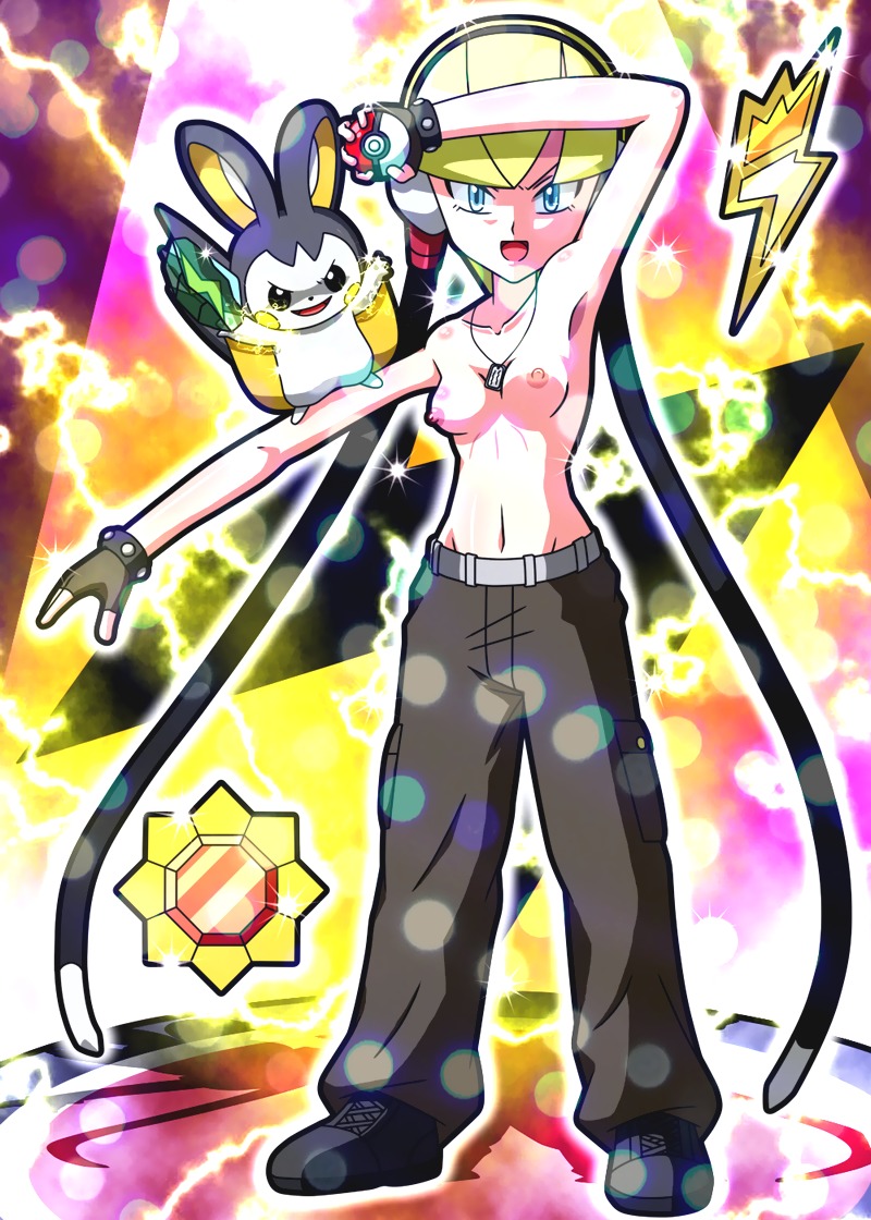 1girls badge blonde_hair blue_eyes breasts cosplay electricity elesa_(pokemon) elesa_(pokemon_bw) emolga female fingerless_gloves gloves gym_badge_(pokemon) gym_leader gym_leader_(cosplay) machisu_(pokemon) navel nintendo nipples open_mouth poke_ball pokemon pokemon_(species) pokemon_bw pokemon_rgby rorretsim rule34 short_hair standing thunder_badge topless