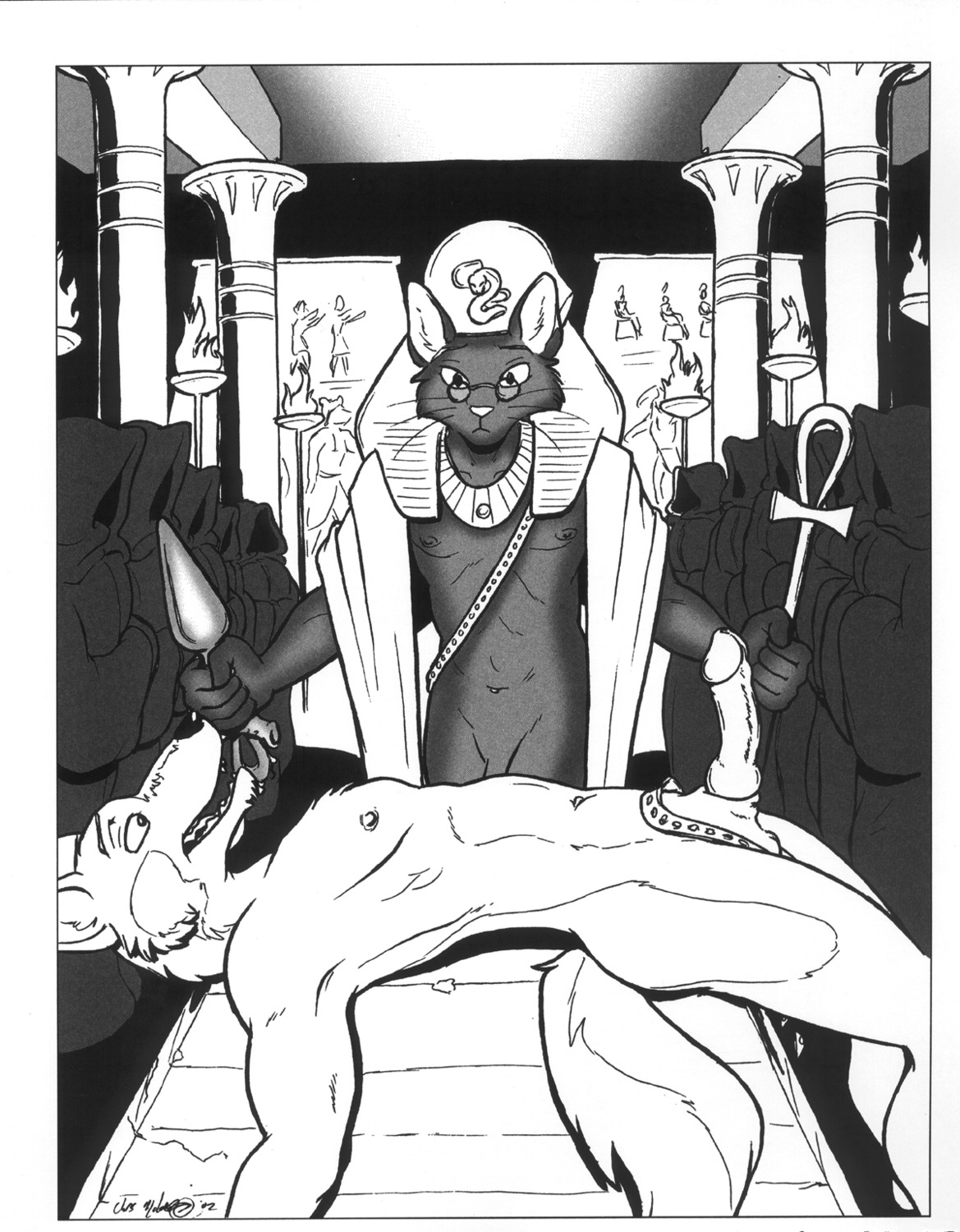 anal_plug ankh anthro audience buttplug canine egyptian erection feline fur furry glasses humanoid_penis interspecies male monochrome nude open_mouth penis ritual robe rule34 sheath temple