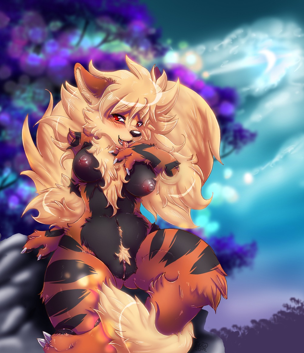 anthro anthrofied arcanine biped black_body black_fur black_nose blush breasts canid canine chest_tuft claws e621 female fur generation_1_pokemon genitals inuki licking looking_at_viewer mammal nintendo nipples nude orange_body orange_fur outdoor_nudity outside pinup plant pokemon pokemon_(species) pokemorph pose red_eyes sitting smile solo spread_legs spreading stripes tail tongue tongue_out tree tuft vulva wide_hips