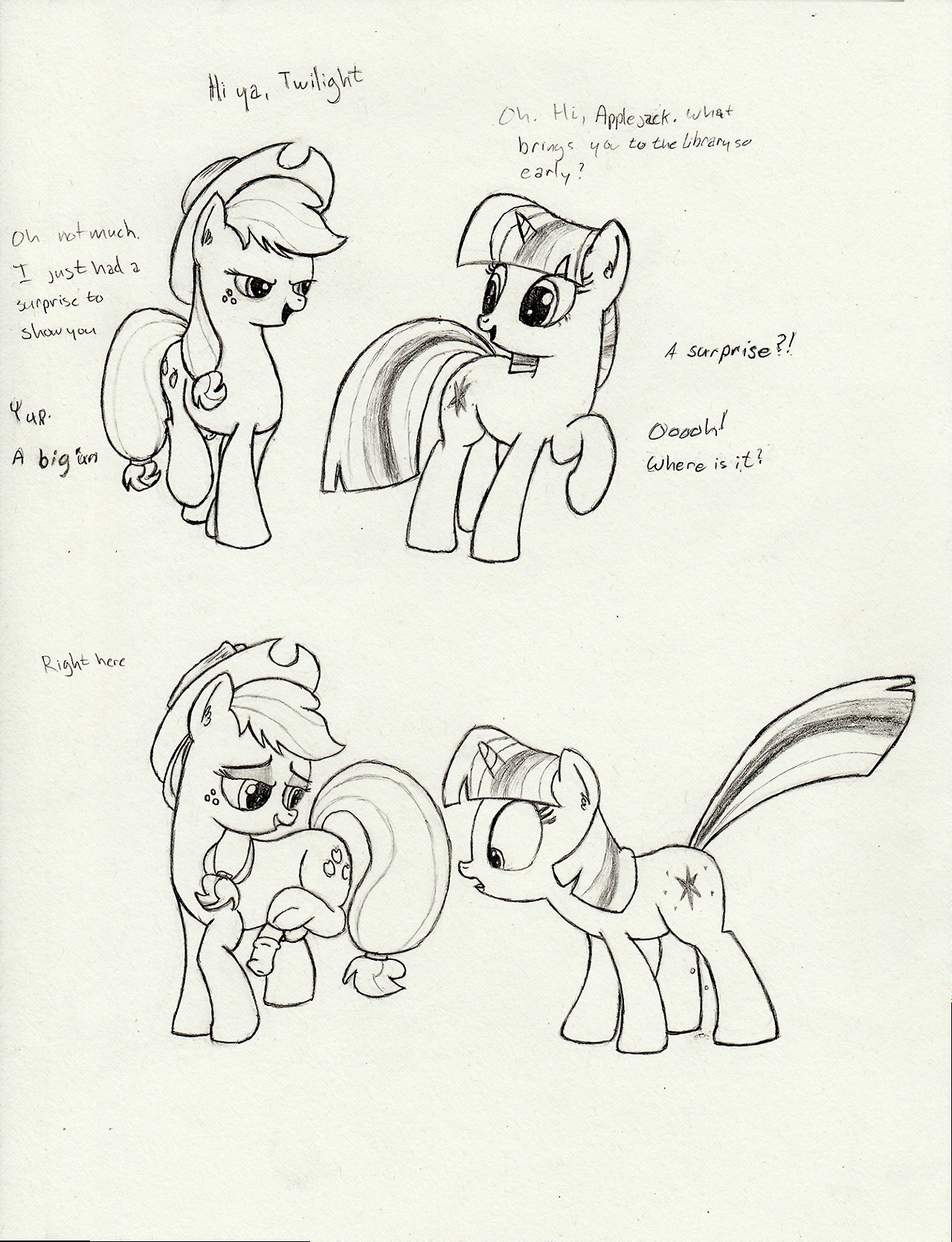 2013 applejack_(mlp) better_version_at_source bodily_fluids clothing comic cowboy_hat cutie_mark dialogue dripping duo e621 earth_pony english_text equid equine female feral flaccid freckles friendship_is_magic fur genital_fluids genitals gynomorph hair hasbro hat headgear headwear hi_res horn horse intersex kitsuneymg mammal monochrome my_little_pony mythological_creature mythological_equine mythology penis pony presenting text twilight_sparkle_(mlp) unicorn vaginal_fluids