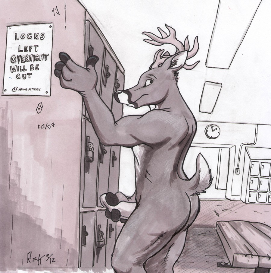 amtrack88 anthro antlers butt clock deer e621 english_text erection genitals horn locker locker_room male mammal masturbation penile penile_masturbation penis solo text