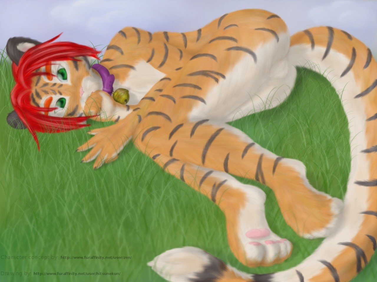 4:3 anthro backsack balls biped butt collar countershading e621 feet felid genitals hindpaw hitsunekun joshua_(zenthetiger) looking_at_viewer lying male mammal on_side pantherine paws pinup pose solo tail tiger