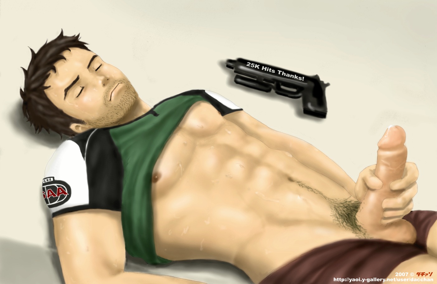1boy beard chris_redfield dacchan facial_hair firearm gun handgun human male male_only masturbation nipples nude penis resident_evil rule34 solo sweat weapon