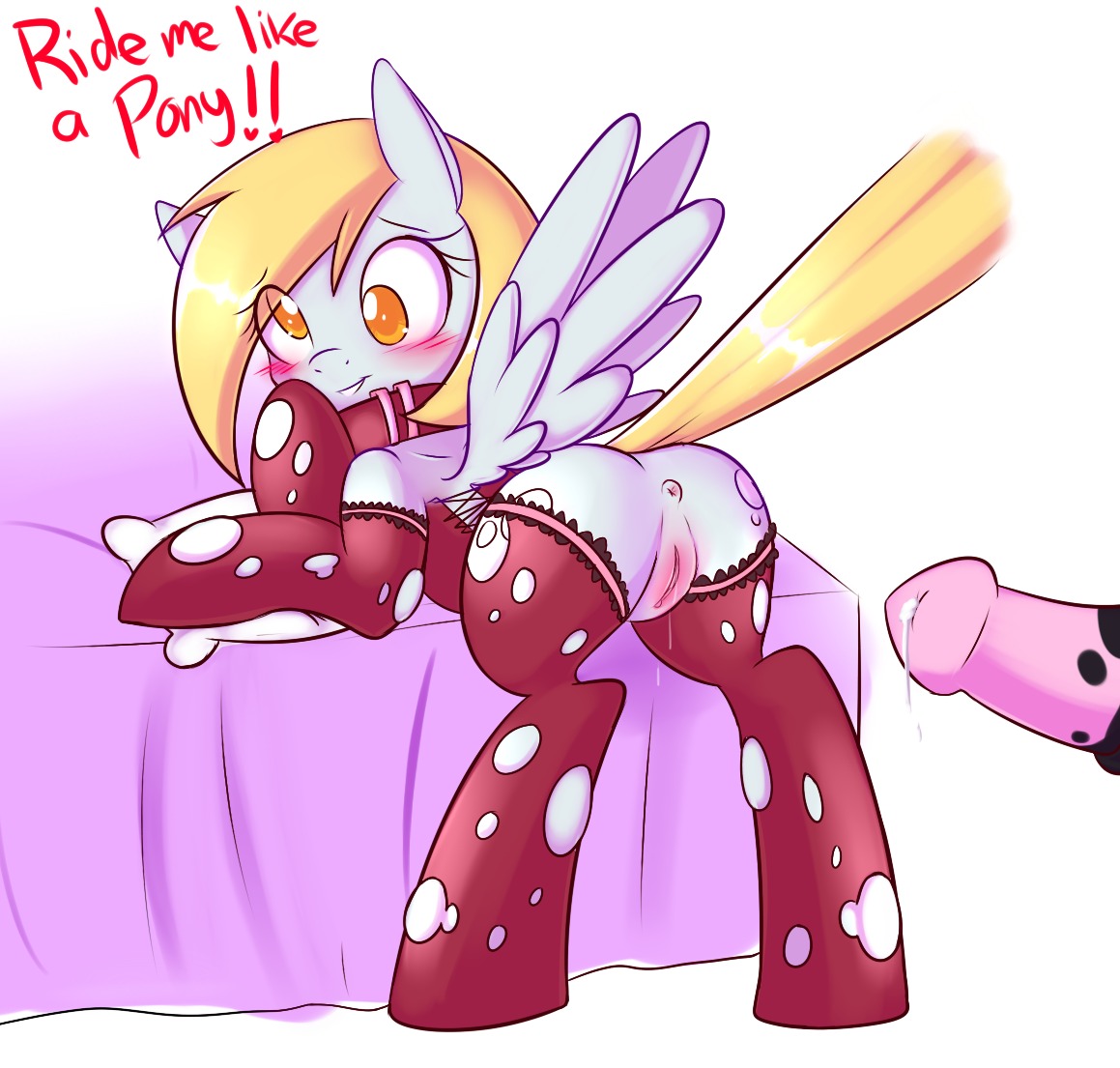 2012 amber_eyes animal_genitalia animal_penis anus bed blonde_hair blush bodily_fluids butt clothing collar corrupteddiscipline cutie_mark derpy_hooves_(mlp) duo e621 english_text equid equine equine_genitalia equine_penis erection feathered_wings feathers female feral friendship_is_magic fur furniture genital_fluids genitals grey_body grey_feathers grey_fur hair hasbro legwear looking_at_viewer male mammal my_little_pony mythological_creature mythological_equine mythology pegasus penis pillow precum smile stockings tail text vaginal_fluids vulva wing_boner wings yellow_eyes
