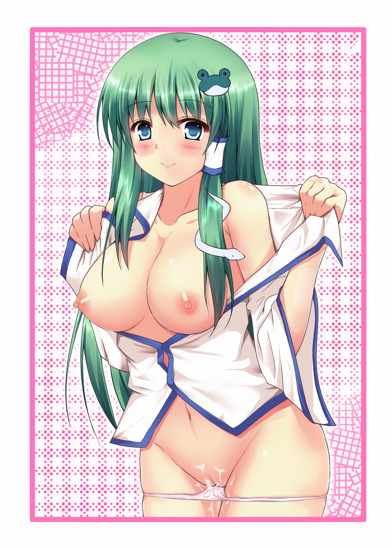 1girls blue_eyes bottomless breasts cum cumdrip detached_sleeves female frog green_hair hair_ornament large_breasts long_hair pussy rule34 sanae_kochiya second_heaven snake solo touhou uncensored undressing