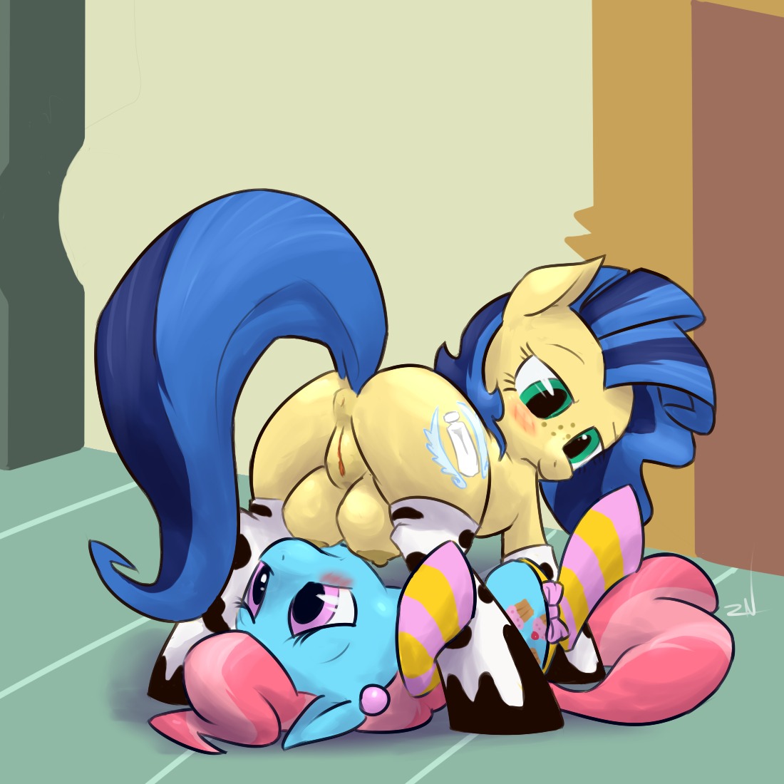 1:1 anus blush butt canon_x_oc duo e621 earth_pony equid equine fan_character female female/female feral freckles friendship_is_magic genitals hasbro horse inside lying mammal milky_way_(flash_equestria) mrs._cake_(mlp) my_little_pony on_back on_ground ponchuzn pony tail teat_suck teats vulva