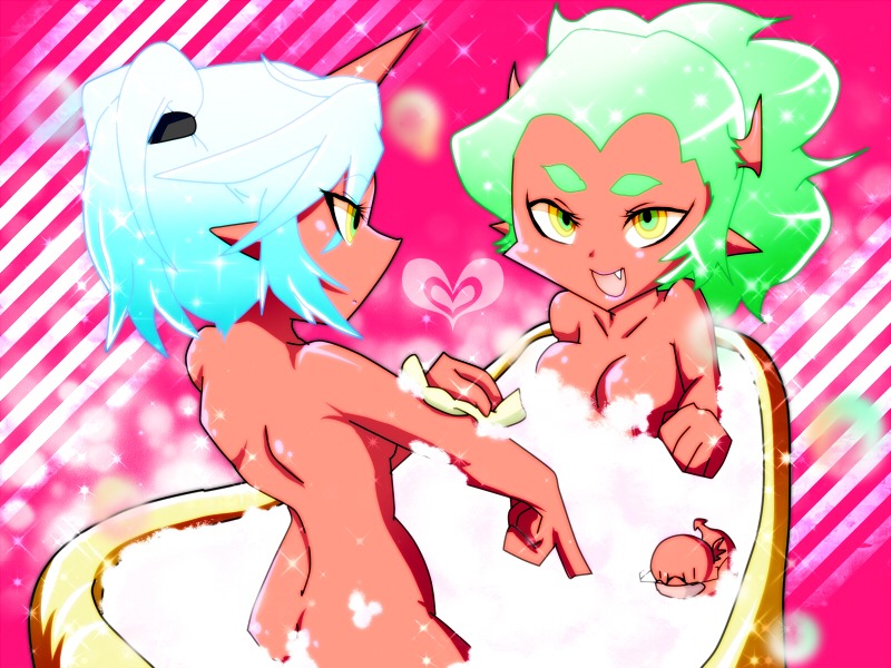 2demons 2girls bath breasts cleavage cute_fang demon demon_girl female female_only horns kneesocks_daemon multiple_females multiple_girls nude panty_&amp;_stocking_with_garterbelt pointy_ears red_skin rule34 scanty_daemon siblings sisters smile