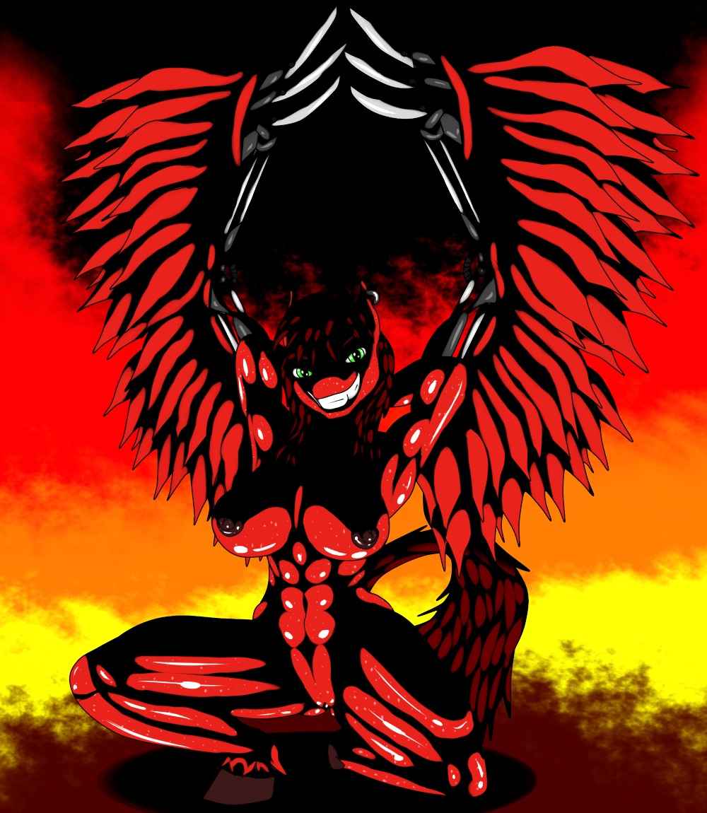 abs bodily_fluids e621 equid equine fan_character feathered_wings feathers female fire genitals green_eyes grin hasbro horse looking_at_viewer mammal muscular muscular_female my_little_pony pony red_body red_skin saesar smile solo sweat vulva wings