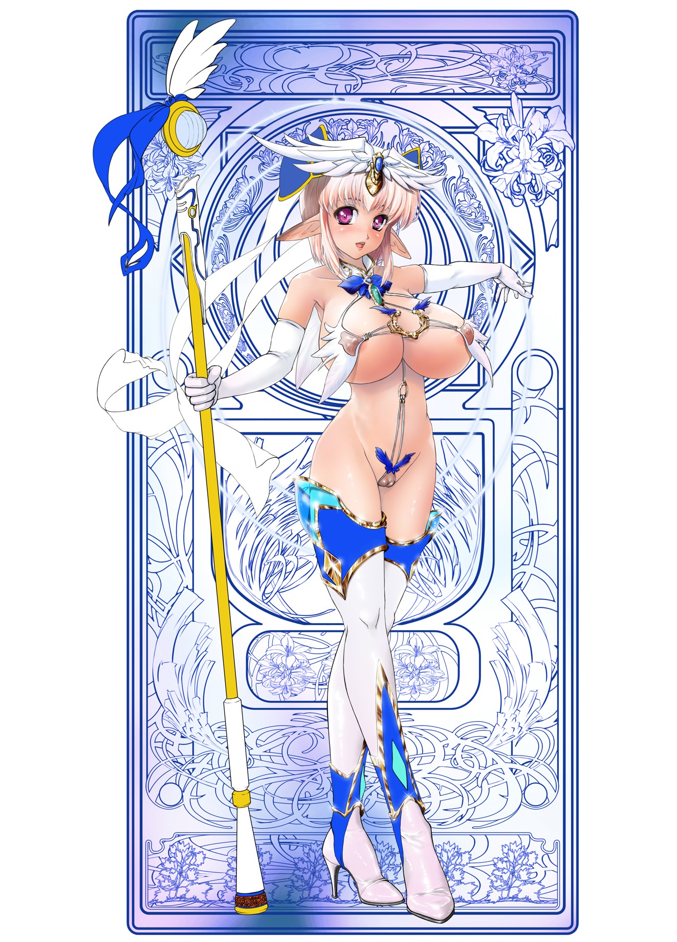 art_nouveau boots breasts elbow_gloves female gloves highres huge_breasts legs nipples original pointy_ears purple_eyes pussy rule34 shiba_(pixiv244) short_hair sling_bikini staff swimsuit thigh_boots thighhighs white_legwear white_thighhighs