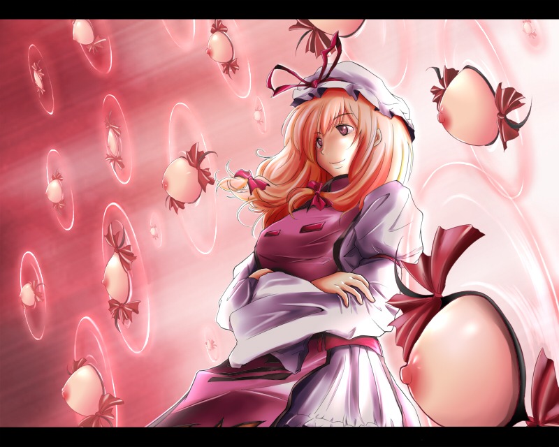 1girls ao_usagi blonde_hair breasts crossed_arms fate/stay_night fate_(series) female gap gate_of_babylon hat long_hair nipples parody purple_eyes rule34 solo touhou yukari_yakumo