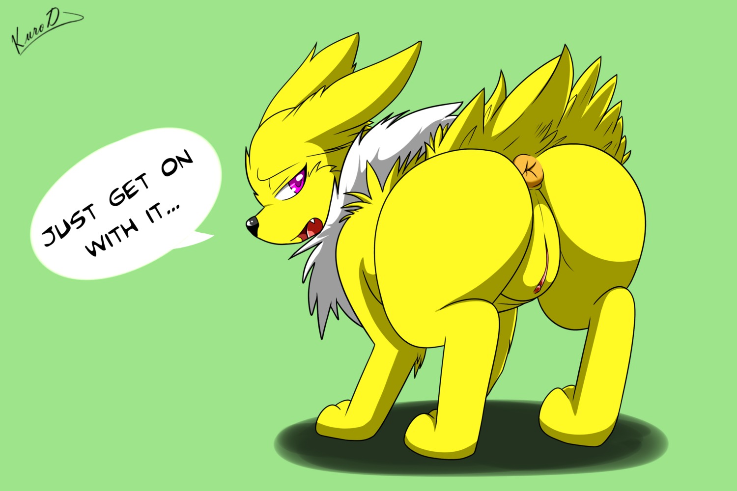 2013 3:2 all_fours anus barefoot black_nose butt canid canine dialogue e621 eeveelution ellipsis english_text fan_character feet female feral fur generation_1_pokemon genitals green_background half-closed_eyes hi_res imminent_sex jolteon kuroodod looking_back mammal narrowed_eyes nintendo nude open_mouth oversexed_eeveelutions pink_eyes plump_labia pokemon pokemon_(species) presenting presenting_hindquarters presenting_vulva puffy_anus rear_view shadow sharp_teeth simple_background sloth_(kuroodod) solo standing teeth text tongue vulva white_body white_fur yellow_body yellow_fur