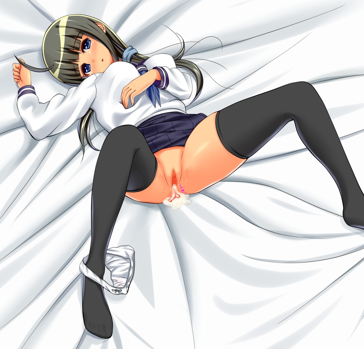 after_sex ahoge bed blood blue_eyes censored cum cum_inside defloration deflowered eru_(efzg) female female_virgin grey_hair highres kikusaka_kochou panties panties_around_leg panties_around_one_leg pussy rule34 school_uniform serafuku spread_legs taishou_yakyuu_musume thighhighs underwear vaginal_blood virgin virginal_blood white_panties