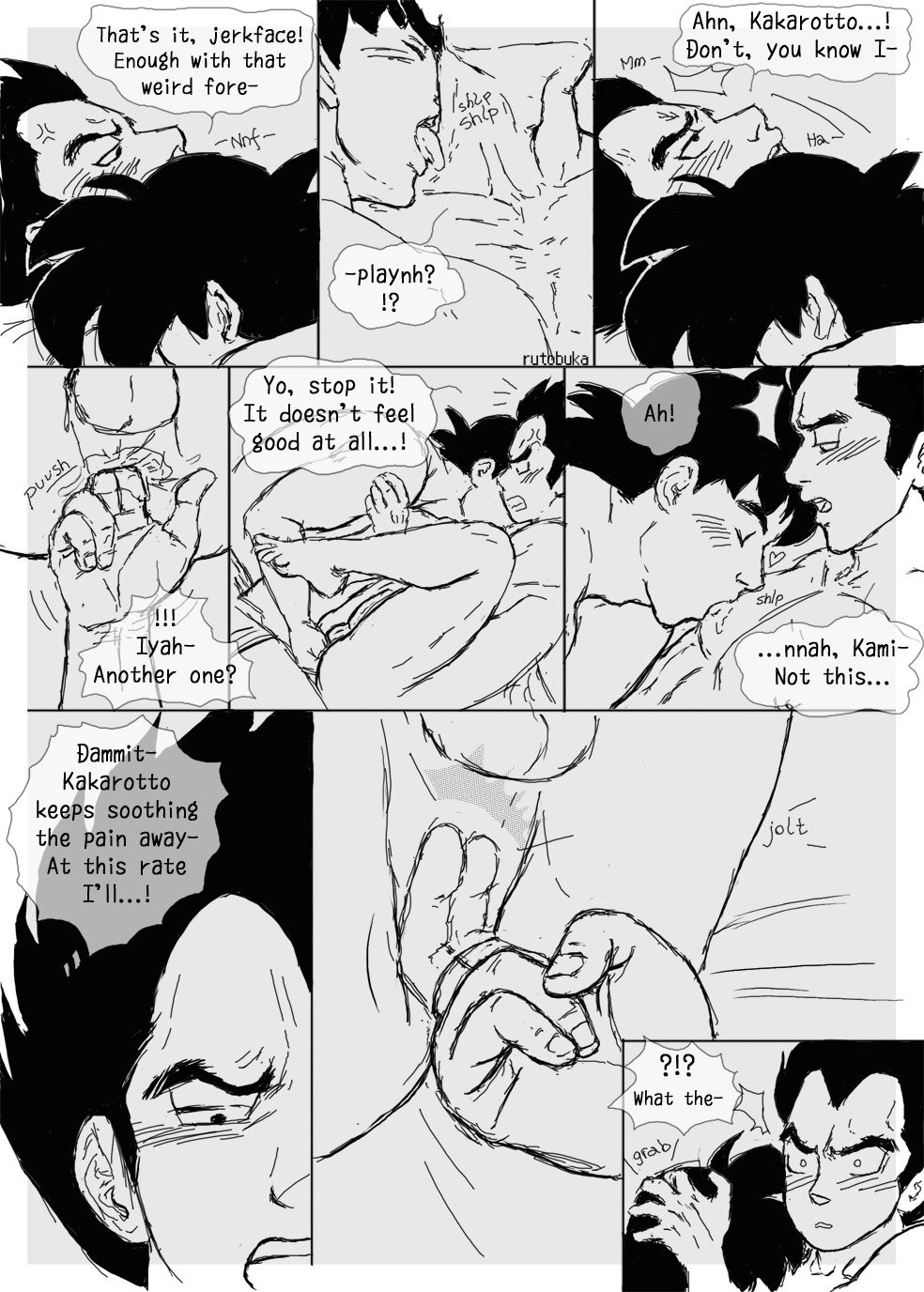 2boys boner dragon_ball dragon_ball_z erection gay male male_only monochrome multiple_males nude rule34 rutobuka son_goku vegeta yaoi