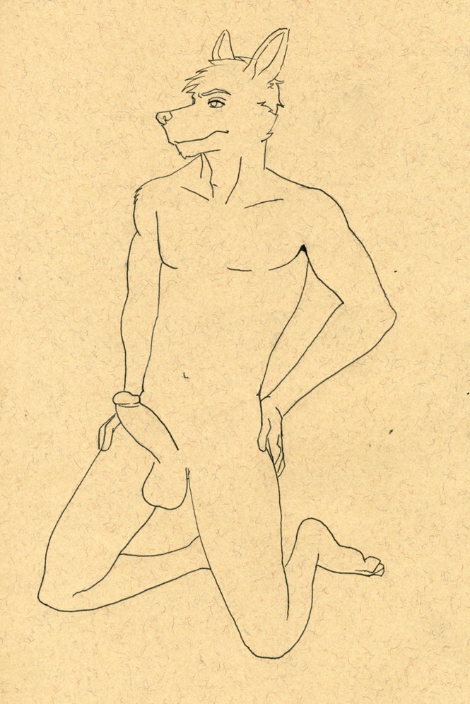 2011 anthro balls canid canine canis circumcised domestic_dog e621 erection genitals hands_on_hips humanoid_genitalia humanoid_penis male mammal monochrome nude penis pose simple_background solo tush_(artist)