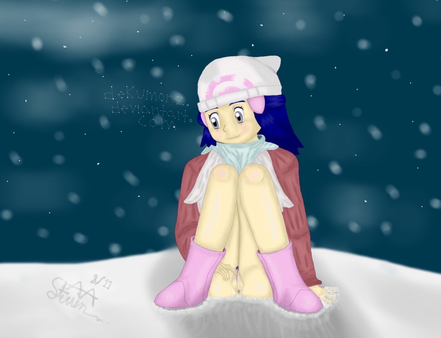 anus beanie clothes clothing color dawn_(pokemon) dawn_(pokemon_platinum) dekumonz female female_only fingering front_view hat human masturbation pokemon pokemon_platinum pussy red_coat red_jacket rule34 sitting snow solo tagme vulva white_scarf winter_clothes
