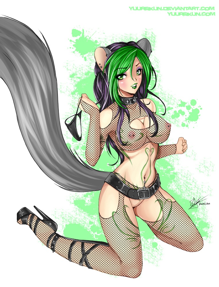2011 animal_humanoid belt blush breasts chinchilla chinchillid clothing collar digital_media_(artwork) e621 emerald_(yuureikun) eyeliner female fishnet_clothing footwear genitals green_eyes green_hair green_lipstick hair high_heels humanoid lips lipstick makeup mammal mammal_humanoid nipple_piercing nipples panties piercing platform_footwear platform_heels purple_hair rodent rodent_humanoid shoes simple_background solo tail thong underwear vulva white_background yuureikun