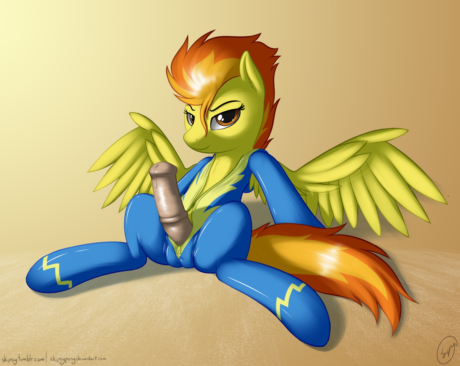 amber_eyes animal_genitalia animal_penis balls bodily_fluids clothed clothing e621 equid equine equine_genitalia equine_penis erection feathered_wings feathers feral friendship_is_magic genital_fluids genitals gynomorph hair hasbro hi_res intersex jumpsuit looking_at_viewer mammal multicolored_hair my_little_pony mythological_creature mythological_equine mythology orange_hair pegasus penis precum simple_background skipsy smile solo spitfire_(mlp) tail tight_clothing two_tone_hair wings wonderbolts_(mlp) yellow_body yellow_feathers zipper zipper_jumpsuit