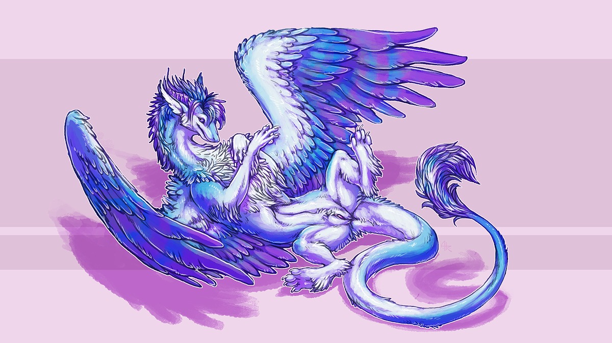 abstract_background acidapluvia dragon e621 feathered_dragon feathered_scalie feathered_wings feathers female feral genitals horn looking_at_viewer lying mythological_creature mythological_scalie mythology nude on_back pinup pose scalie simple_background solo spread_legs spreading tail vulva wings