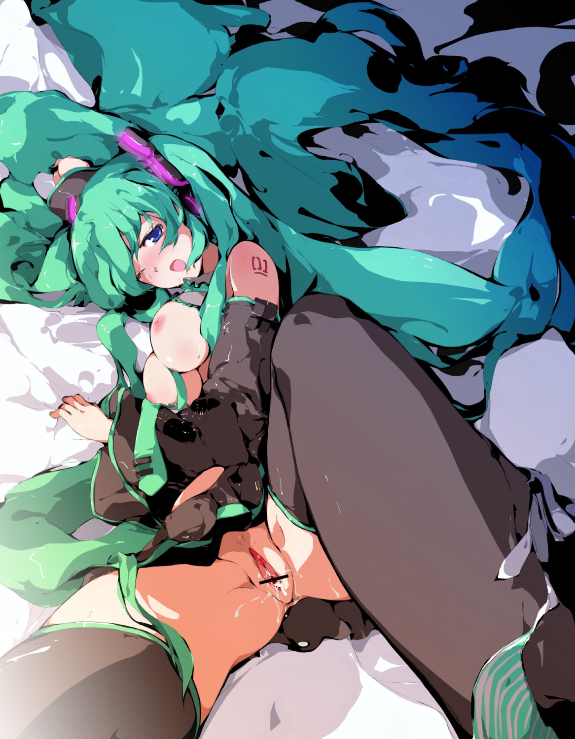 1girl after_sex aqua_hair bar_censor blue_eyes blush breasts censored cum cum_in_pussy detached_sleeves female green_hair hatsune_miku highres long_hair lying medium_breasts necktie nipples nude one_eye_closed open_mouth panties panties_around_one_leg pussy pussy_juice rule34 sakura_sora skirt solo striped striped_panties thighhighs twintails underwear very_long_hair vocaloid wet