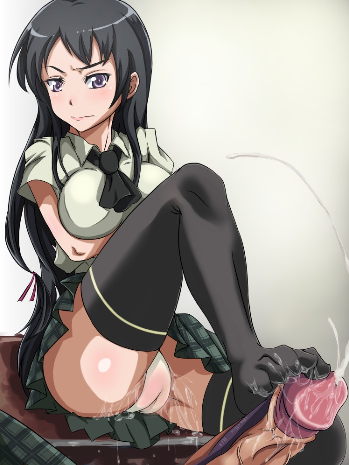 black_hair blush boku_wa_tomodachi_ga_sukunai cum feet female footjob male mikazuki_yozora panties penis purple_eyes pussy pussy_juice rule34 shang skirt thighhighs uncensored underwear veins wet