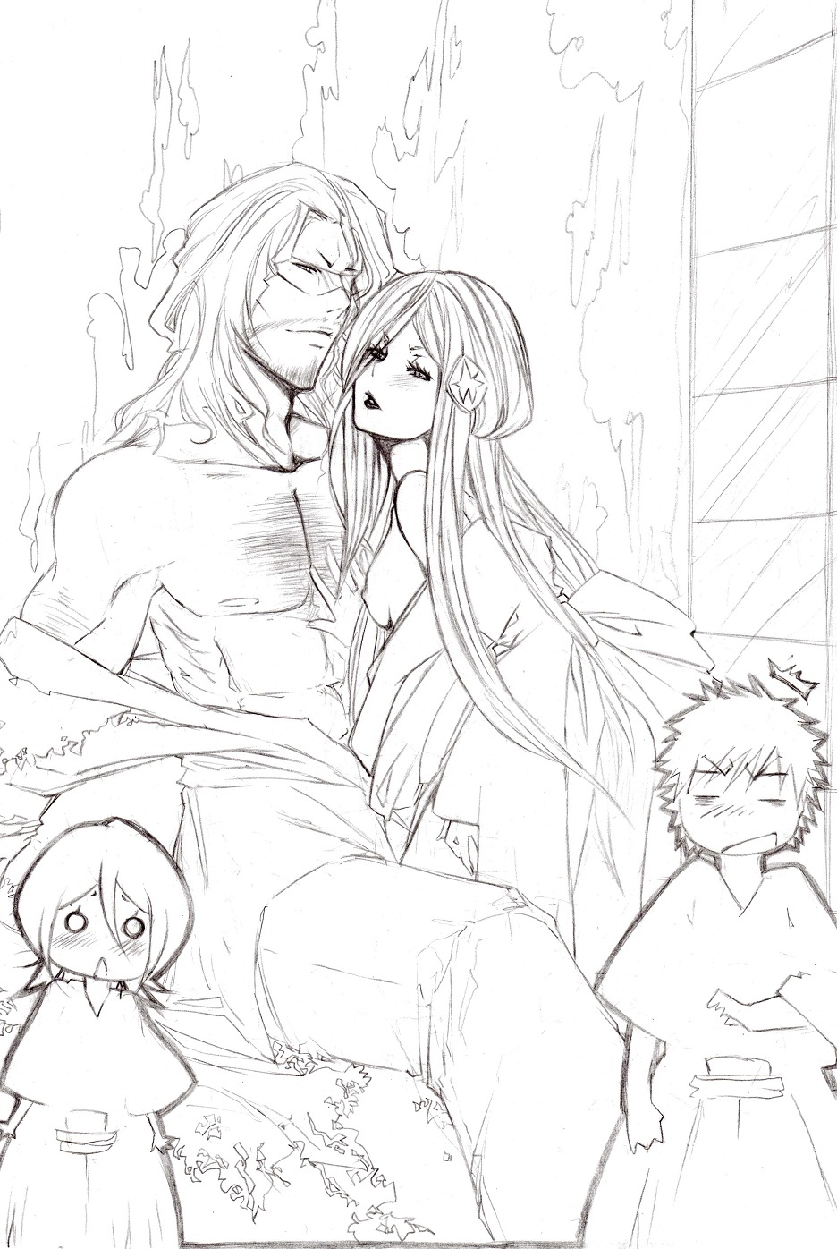 2boys 2girls artist_request bleach female hand_drawn highres ichigo_kurosaki kuchiki_rukia long_hair male monochrome nipples rule34 scar sode_no_shirayuki yhwach zangetsu zanpakutou_spirit