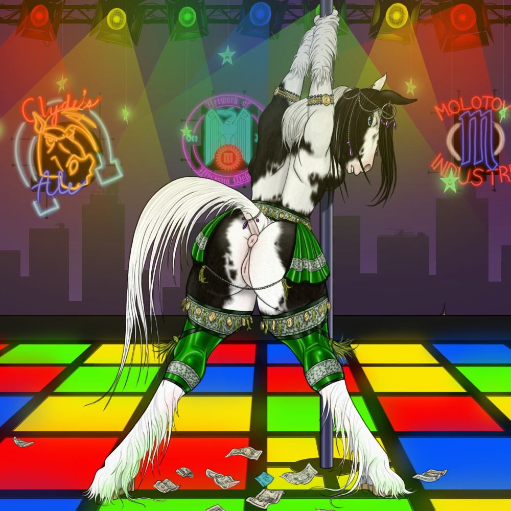 1girls anthro anus armband ass clothes dancing dr_nowak equine female fetlocks from_behind hooves horse leg_band mammal money pussy rule34 skirt solo tail