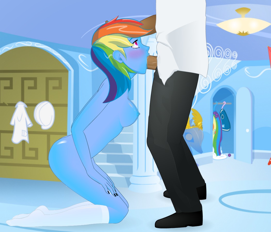 1boy 1girls :>= breasts dark-skinned_male dark_skin female friendship_is_magic konashion male my_little_pony oral penis rainbow_dash_(mlp) rule34 screencap straight_hair super_deepthroat_game tagme