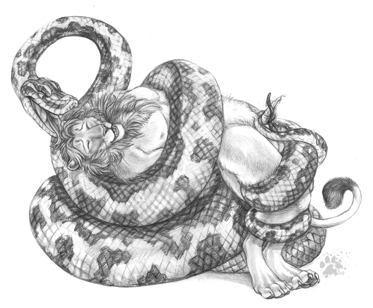 2009 ambiguous_gender anthro anthro_on_feral bestiality blotch bodily_fluids coiling cum duo e621 erection felid feral genital_fluids genitals imminent_vore interspecies lion looking_pleasured male male/ambiguous mammal monochrome pantherine penis python reptile scalie scratches_volume_3 simple_background snake tapering_penis traditional_media_(artwork) vore white_background