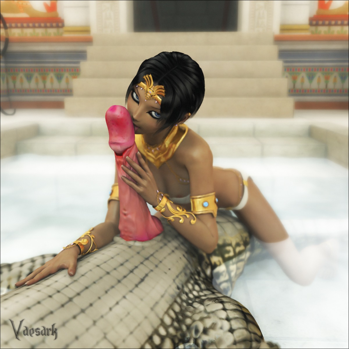 1:1 3d_(artwork) animal_genitalia bestiality blue_eyes bottomwear clothing crocodile crocodilian digital_media_(artwork) duo e621 egyptian erection fellatio female female_on_feral feral genital_slit genitals hi_res human human_focus human_on_feral interspecies jewelry licking loincloth looking_at_viewer lying male male/female male_on_human mammal nipples not_furry_focus on_back oral partially_submerged penile penis penis_lick realistic_feral reptile scalie sex tongue tongue_out vaesark water