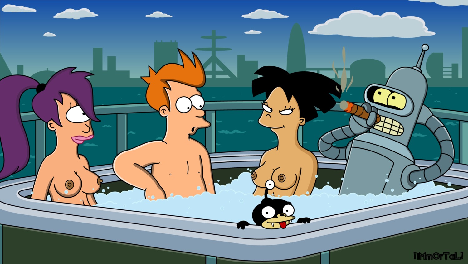 1boy 1robot 2girls amy_wong bathing bathing_together bender_bending_rodriguez black-haired_female black_hair breasts casual casual_nudity color day exposed_breasts female futurama human male matt_groening_(style) mixed_bathing multiple_females multiple_males nibbler nipples nude nudism nudist nudity orange-haired_male orange_hair outdoors partially_submerged philip_j_fry purple-haired_female purple_hair robot rule34 sexless tagme toony turanga_leela water