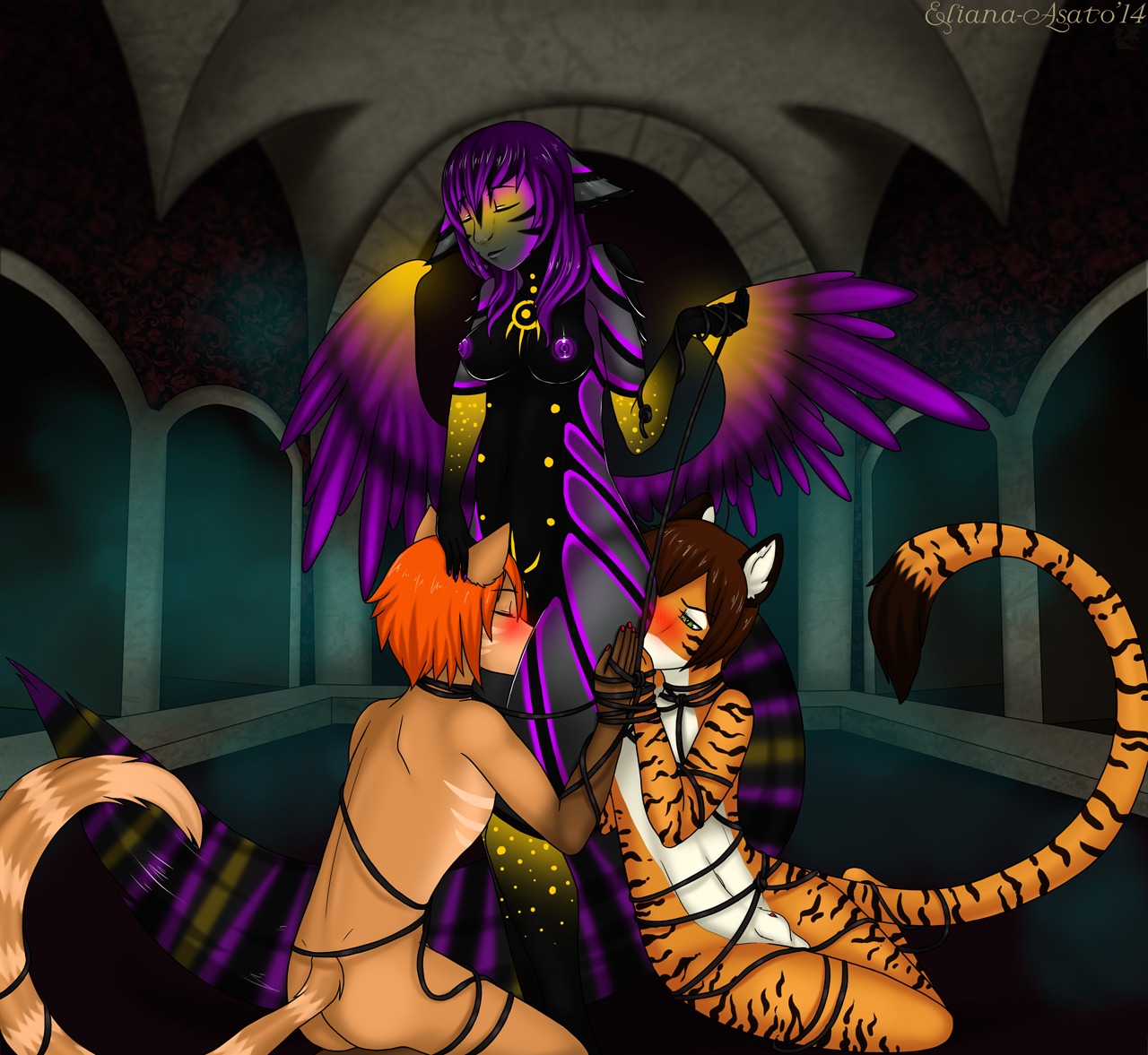 2014 anthro bdsm blush bondage bound breasts brown_hair domestic_cat dominant dominant_female e621 eliana-asato feathered_wings feathers felid feline felis female femboy ginger_(iginger) green_eyes group hair male male/female mammal murasaki oral pantherine purple_hair rope saba sex short_hair submissive submissive_male tiger wings