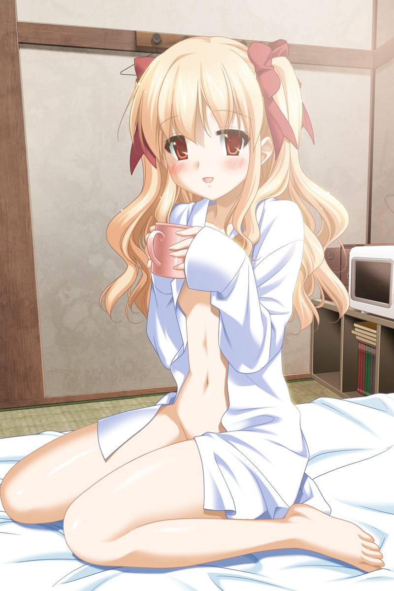 aki_no_urara_no_akane-iro_shoutengai bow clothing dress_shirt female no_bra nopan odajima_mayu open_clothes open_shirt peko rule34 shirt