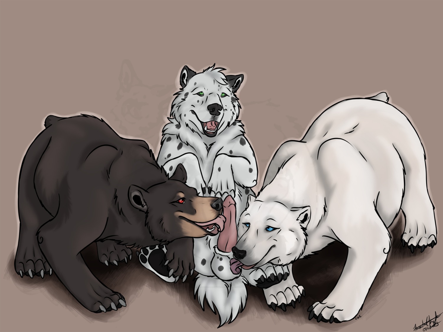 2014 4:3 american_black_bear ball_lick balls bear black_bear blue_eyes canid canine canis claws collaborative collaborative_fellatio collaborative_oral collaborative_sex e621 erection feet fellatio female feral fur genitals group hair half-closed_eyes hi_res hindpaw krimzen_redwing larger_female licking male mammal narrowed_eyes open_mouth oral paws penile penis penis_lick polar_bear seductive sex simple_background size_difference slightly_chubby smaller_male smile spots toe_claws toes tongue tongue_out ursine urso white_body white_fur wolf