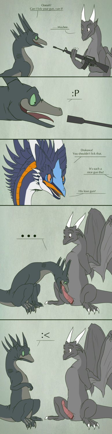 3boys :< :p dialogue dnk dnk-anais dragon drakawa english_text feral furry gun male male_only multiple_males penis rule34 scalie text weapon what whiro yaoi