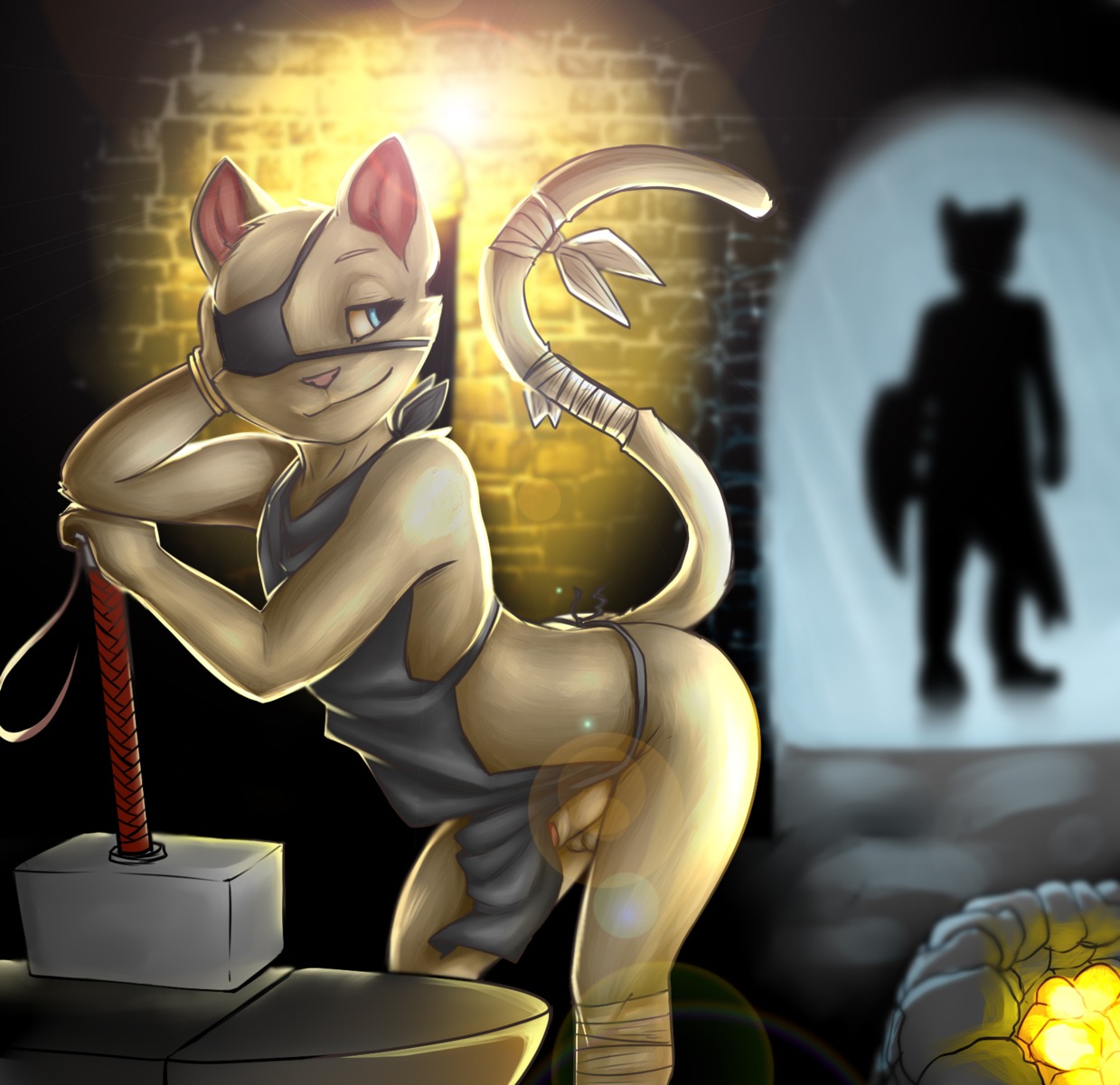 ambiguous_gender anthro apron balls bandage bent_over black_eyes blacksmith blue_eyes butt clothed clothing digital_media_(artwork) domestic_cat duo e621 erection eye_patch eyewear felid feline felis fire fur genitals glowing hammer happy hi_res inside light looking_back male male/ambiguous mammal paint_tool_sai_(artwork) partially_clothed penis pink_body pink_nose pink_penis pink_skin pose presenting presenting_hindquarters raineshadowpaw raised_arm raised_tail shadow smile standing tail tan_body tan_fur tools waiting