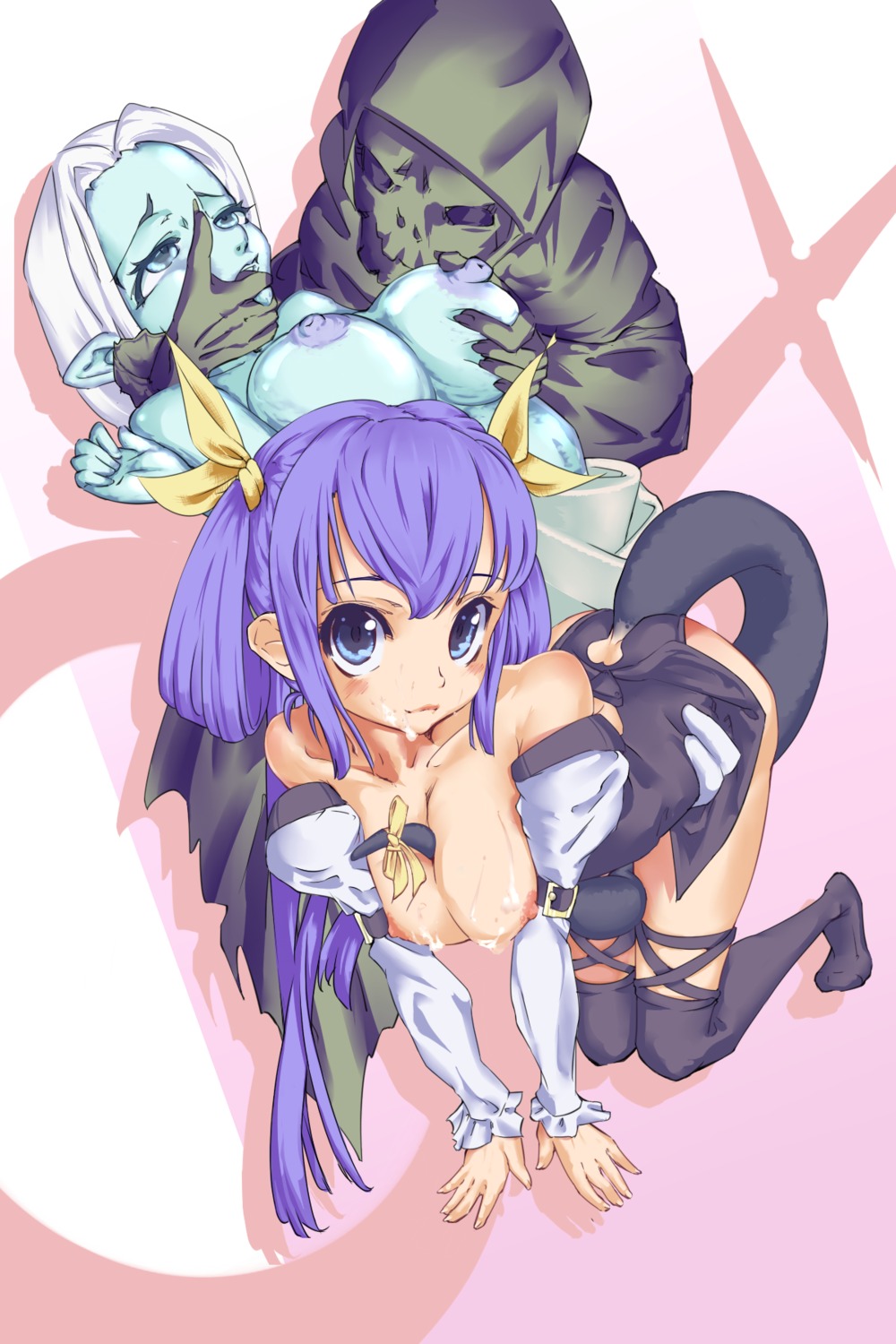 between_breasts black_legwear blue_eyes blue_hair breast_grab breasts cum cum_on_body cum_on_breasts cum_on_upper_body detached_sleeves dizzy_(guilty_gear) facial female guilty_gear highres necro_(guilty_gear) nipples panguu ribbon rule34 skull tail tail_between_breasts thighhighs undine_(guilty_gear)