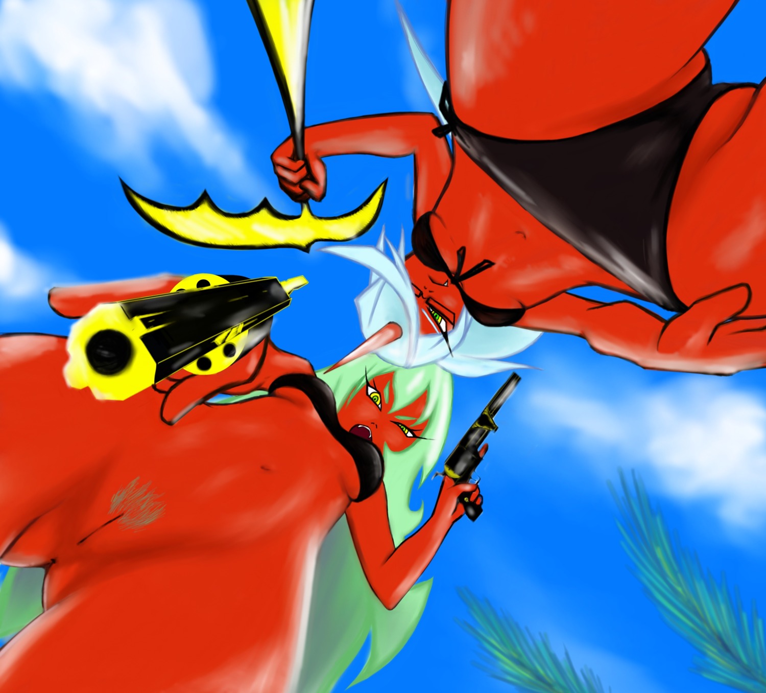 2girls bikini demon demon_girl female firearm handgun horn kneesocks_daemon multiple_females multiple_girls panty_&amp;_stocking_with_garterbelt pussy red_skin revolver rule34 scanty_daemon tagme vagina weapon