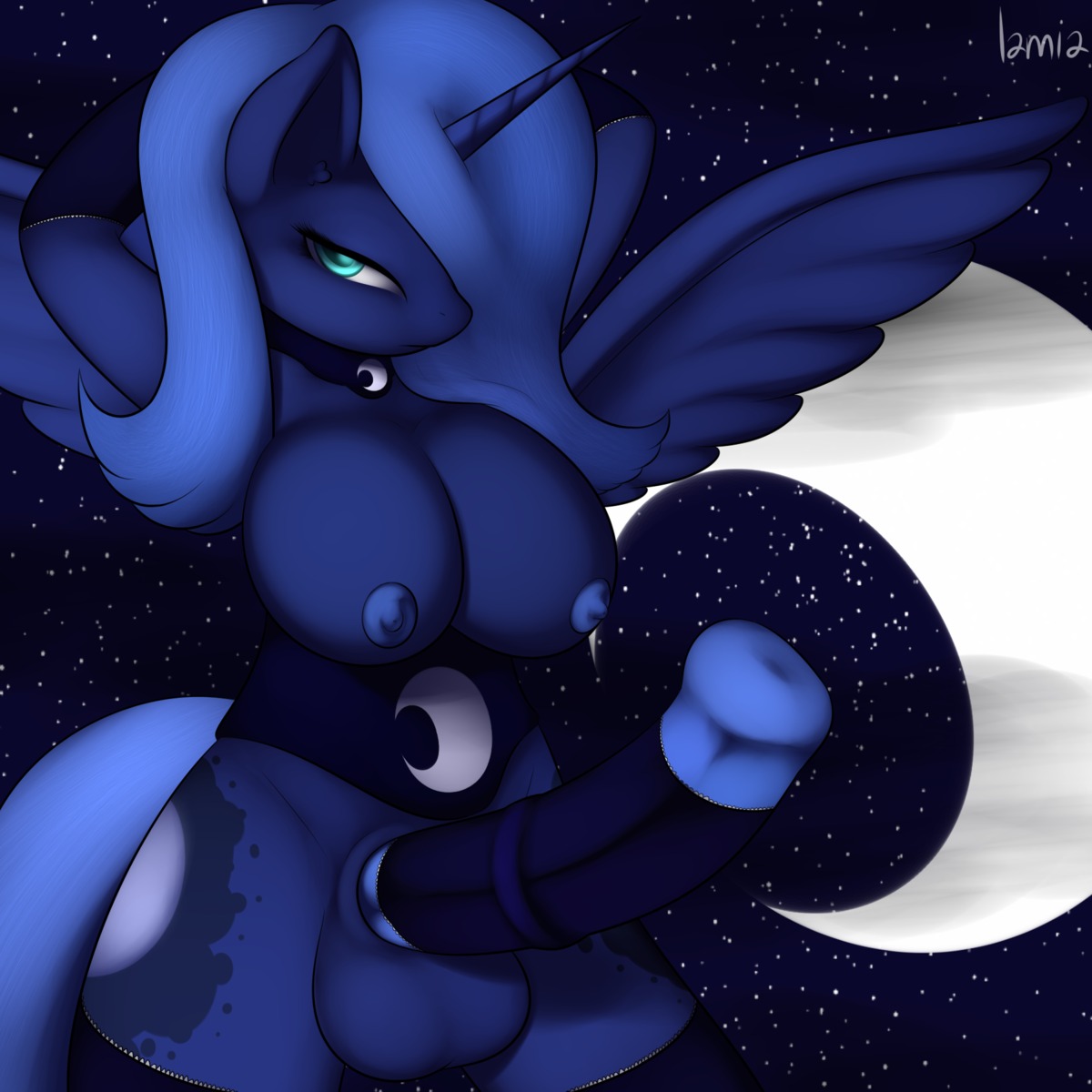 1:1 animal_genitalia animal_penis anthro anthrofied balls big_breasts blue_body blue_feathers breasts digital_media_(artwork) e621 equid equine equine_genitalia equine_penis erection feathered_wings feathers friendship_is_magic genitals gynomorph hasbro hi_res horn intersex lamiaaaa mammal my_little_pony mythological_creature mythological_equine mythology nipples nude penis princess_luna_(mlp) solo tail winged_unicorn wings