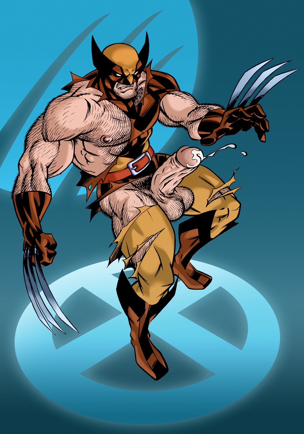 1boy balls boner claws cum cumshot erection facial_hair fight_boner foreskin hairy james_howlett logan_(artist) male male_only marvel marvel_comics mask mutant nipples penis retracted_foreskin rule34 solo torn_clothes uncircumcised uncut wolverine_(x-men) x-men yaoi