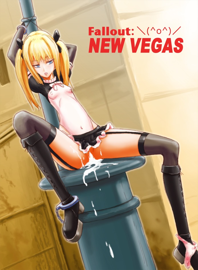 1girls 2d after_rape bethesda_softworks bondage breasts creampie cum_dripping_out_of_pussy cum_in_pussy cumdrip english_text fallout fallout_(series) fallout_new_vegas female female_only nipples no_artist panties_around_leg panties_around_one_leg public_use pussy rule34 small_breasts solo solo_female tagme text