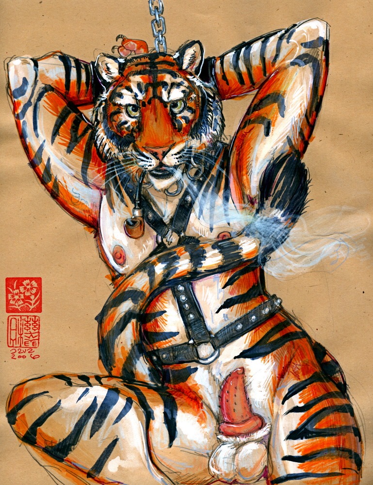 animal_genitalia animal_penis anthro bdsm bondage bound e621 erection felid feline_genitalia feline_penis genitals harness java leather looking_at_viewer male mammal pantherine penile_spines penis pipe smoke smoking smoking_pipe solo stripes submissive submissive_male tail tiger