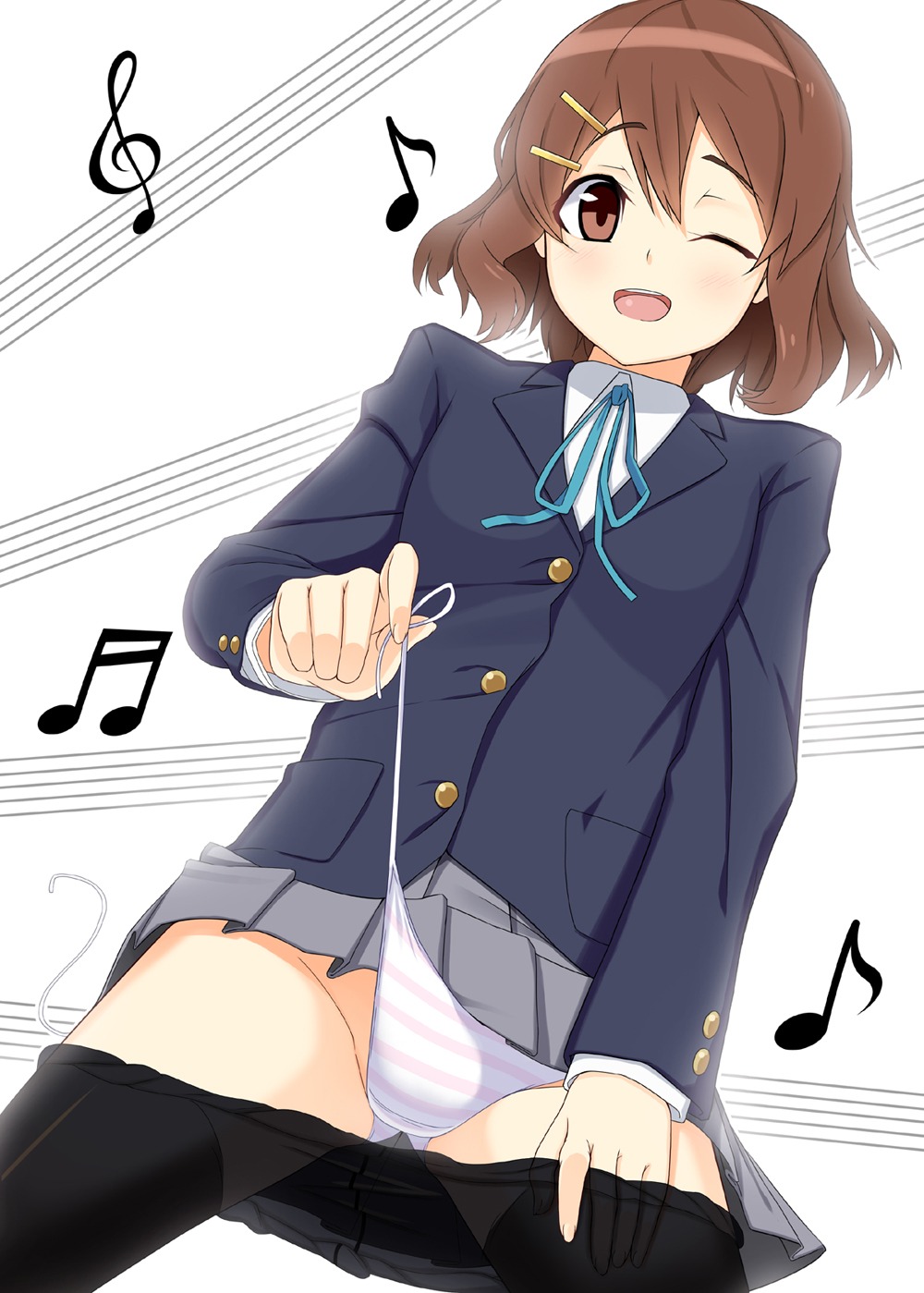 brown_eyes brown_hair female female_only hair_ornament hairclip highres human human_only k-on! musical_note panties pantyhose pantyhose_pull pointy_chin rule34 school_uniform short_hair side-tie_panties solo striped striped_panties teasing underwear undressing wink yui_hirasawa_(k-on!)