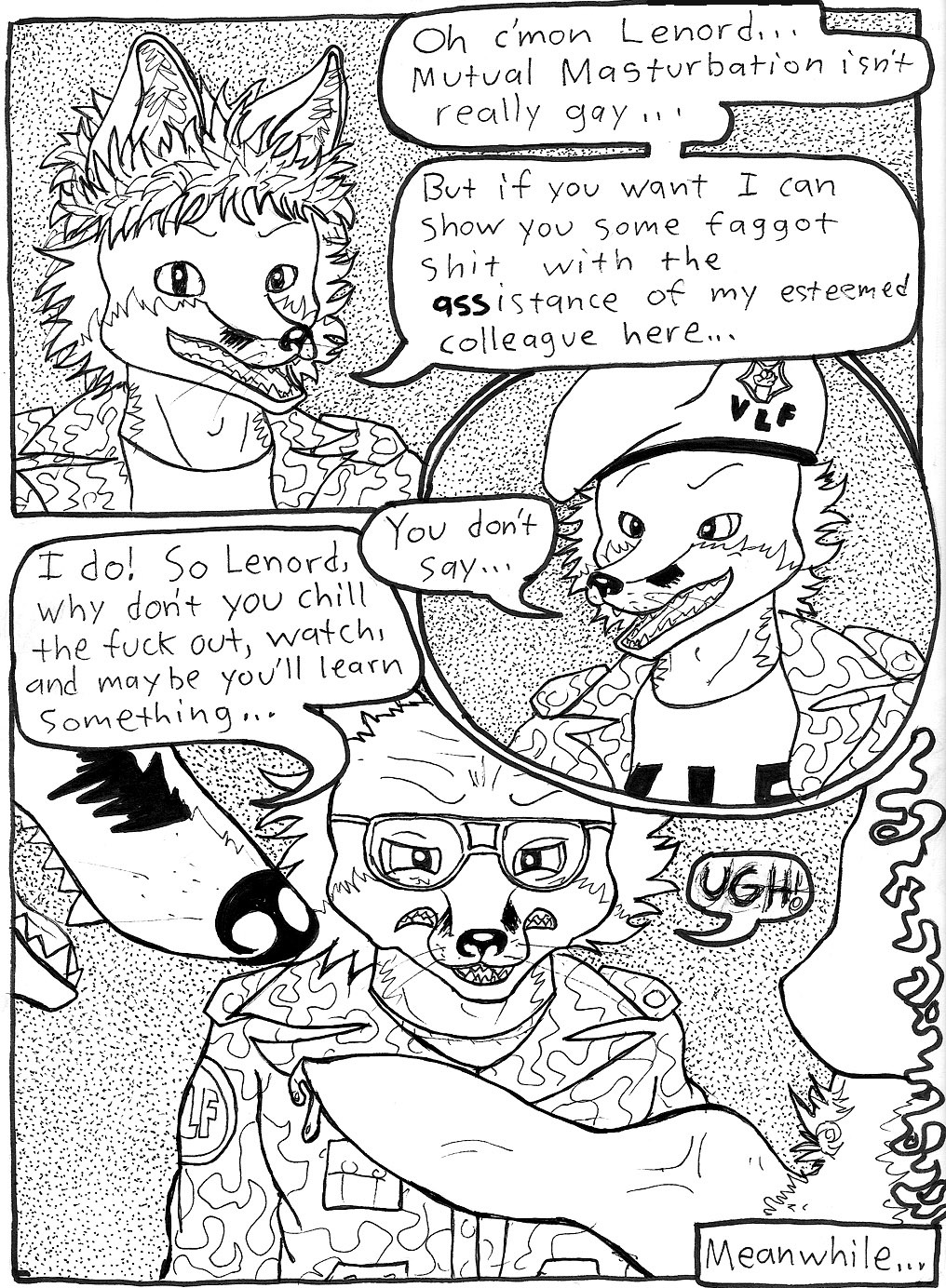 animal_genitalia animal_penis anthro balls black_and_white canid canine canine_genitalia canine_penis comic dialogue e621 english_text erection fox genitals group hi_res knot male male/male mammal monochrome multiple_scenes penis profanity sheath teeth text triadfox