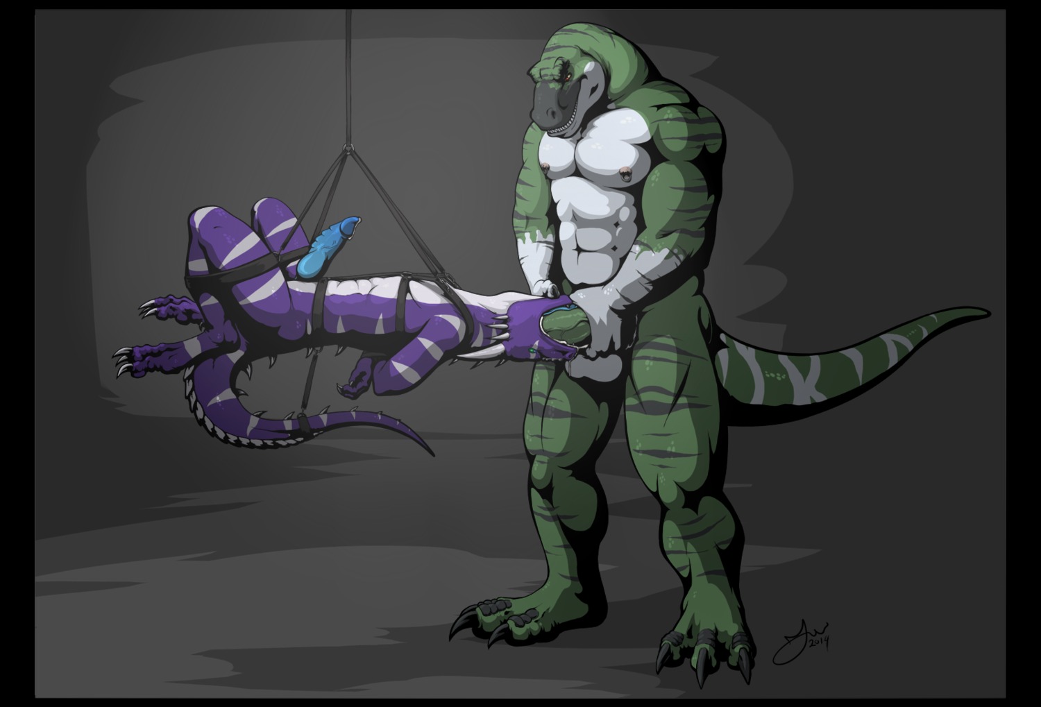 2014 3_toes abs anthro athletic balls bdsm belly biceps big_balls big_muscles big_penis black_border black_claws black_markings black_nose blue_body blue_eyes blue_penis blue_skin blue_tongue bodily_fluids bondage border bound claws cuff_(restraint) cum cum_in_mouth cum_inside cum_string deep_throat digitigrade dinosaur dominant dominant_male dragon duo e621 erection european_mythology fangs feet fellatio forced forced_oral fully_bound genital_fluids genitals green_body green_penis green_scales green_skin grey_body grey_skin grin hand_on_head hi_res holding_penis horn humanoid_genitalia humanoid_penis irrumatio knot larger_dom larger_male leaking legs_up loonertick lying male male/male male_penetrated male_penetrating male_penetrating_male markings muscular muscular_male mythological_creature mythological_scalie mythology neck_bulge nipples non-mammal_balls non-mammal_nipples nude obedient on_back open_mouth oral oral_penetration pecs penetration penile penile_spines penis penis_in_mouth piercing plantigrade precum prehistoric_species purple_body purple_skin raised_leg raventhan reptile restraints saurischian scales scalie sex shackles size_difference smaller_male smile spread_legs spreading standing straps striped_body striped_scales stripes submissive submissive_male suspension tail tail_tied teeth theropod throat_swabbing toe_claws toes tongue typhek tyrannosaurid tyrannosauroid tyrannosaurus tyrannosaurus_rex vein western_dragon white_belly white_body white_horn white_markings white_skin white_stripes