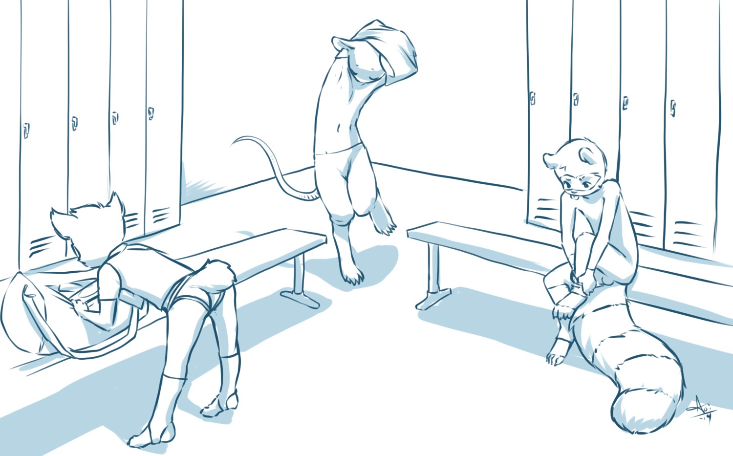 2014 ambiguous_gender anthro aogami balls bench bent_over blue_and_white briefs changing_clothing clothing duffel_bag e621 felid feline footwear genitals group hi_res legwear locker locker_room lynx male male/ambiguous mammal monochrome mouse murid murine on_bench procyonid raccoon rodent sitting socks underwear undressing young young_anthro