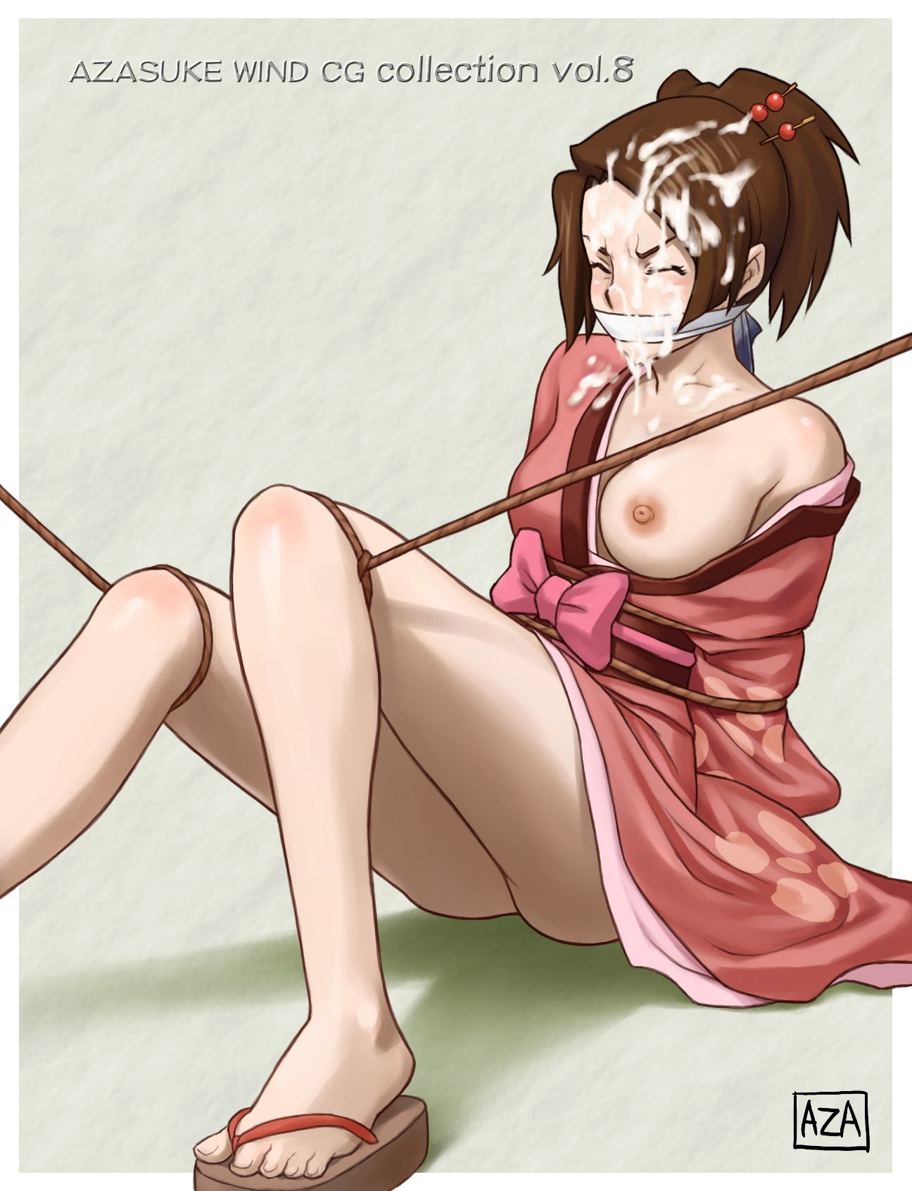 1girls ass azasuke blush bondage bound_legs breast_slip breasts brown_hair closed_eyes cum cum_on_body cum_on_clothes cum_on_hair cum_on_upper_body cumdrip facial female fuu_kasumi gag highres japanese_clothes kimono nipples no_bra no_panties one_breast_out open_clothes rope rule34 samurai_champloo sandals sitting solo toes