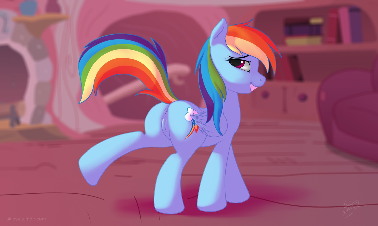 2012 anus blue_body blue_feathers blue_fur book butt cutie_mark e621 equid equine feathered_wings feathers female feral friendship_is_magic fur genitals hair hasbro hi_res mammal multicolored_hair multicolored_tail my_little_pony mythological_creature mythological_equine mythology nude pegasus presenting presenting_hindquarters rainbow_dash_(mlp) rainbow_hair rainbow_tail raised_tail skipsy solo standing tail vulva wings