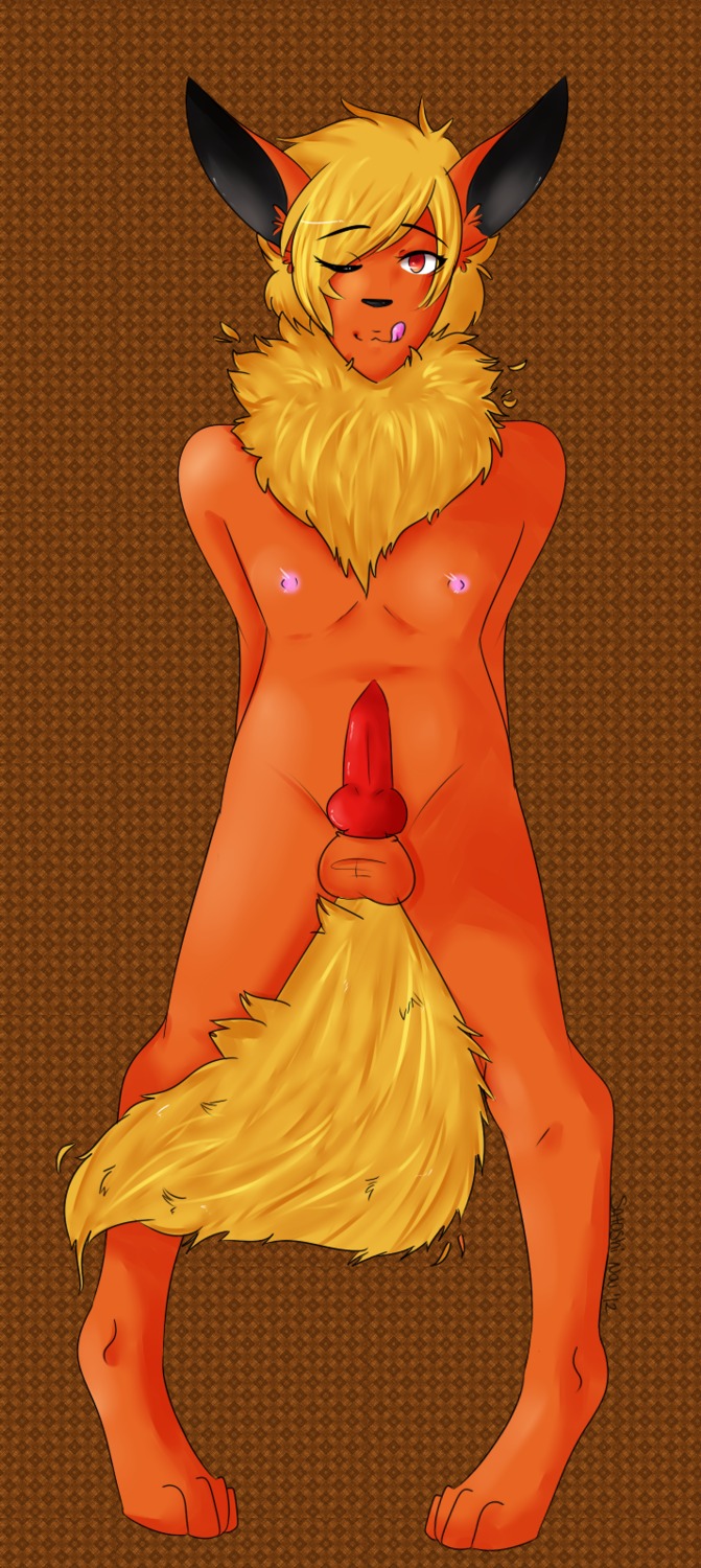 alternate_species balls barefoot biped black_nose blonde_hair e621 eeveelution erection feet flareon generation_1_pokemon genitals hair hi_res humanoid humanoidized male nintendo nipples nude penis pokemon pokemon_(species) pokemorph red_eyes satoshi solo tail