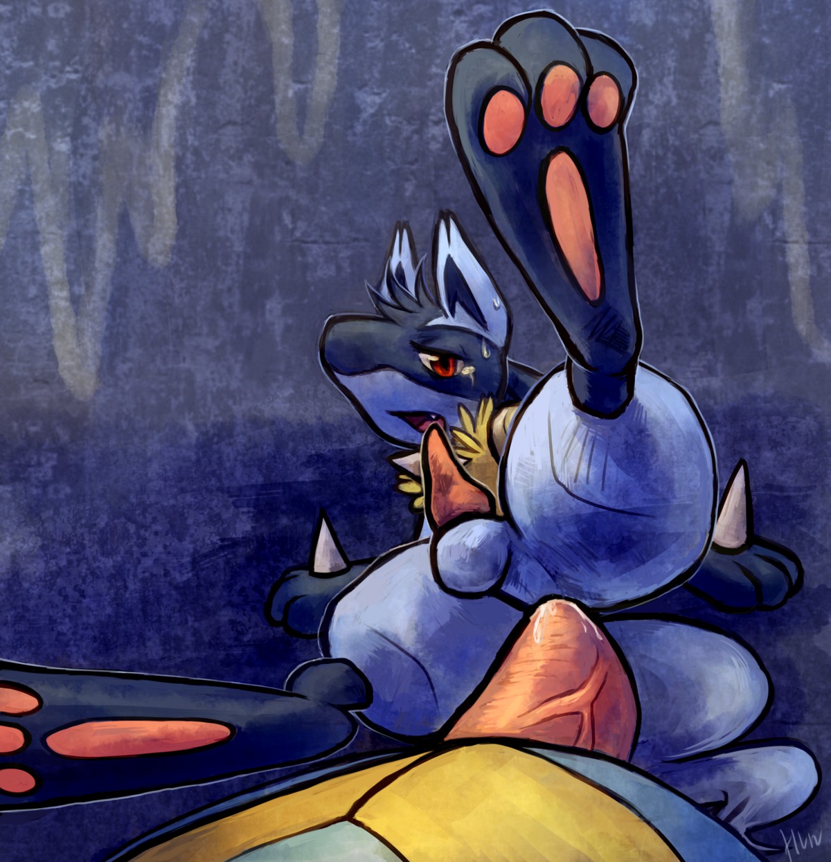 2012 3_toes abstract_background anal anal_penetration anthro balls big_feet black_body black_fur blue_body blue_fur bodily_fluids canid canine digital_media_(artwork) digitigrade duo e621 erection feet first_person_view fur generation_4_pokemon genitals haychel hi_res hindpaw knot lucario male male/male male_penetrated male_penetrating male_penetrating_male male_pov mammal nintendo nude open_mouth paws penetrating_pov penetration penis pokemon pokemon_(species) red_eyes sex soles solo_focus spikes spread_legs spreading sweat tail tapering_penis toes vein yellow_body yellow_fur