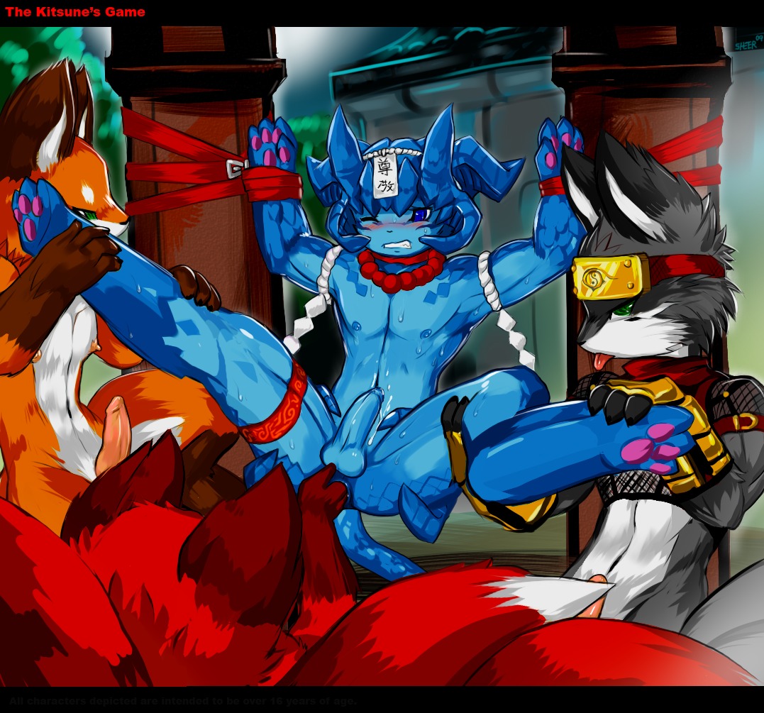 anal anal_fingering anthro balls bdsm blush bodily_fluids bondage bound canid canine colorful_theme cum cum_on_belly cum_on_body dominant dominant_male e621 erection feet fingering fox gangbang genital_fluids genitals group group_sex hindpaw male male/male male_penetrated male_penetrating male_penetrating_male mammal multi_tail pawpads paws penetration penis sex sheer_(artist) spread_legs spreading submissive submissive_male tail young